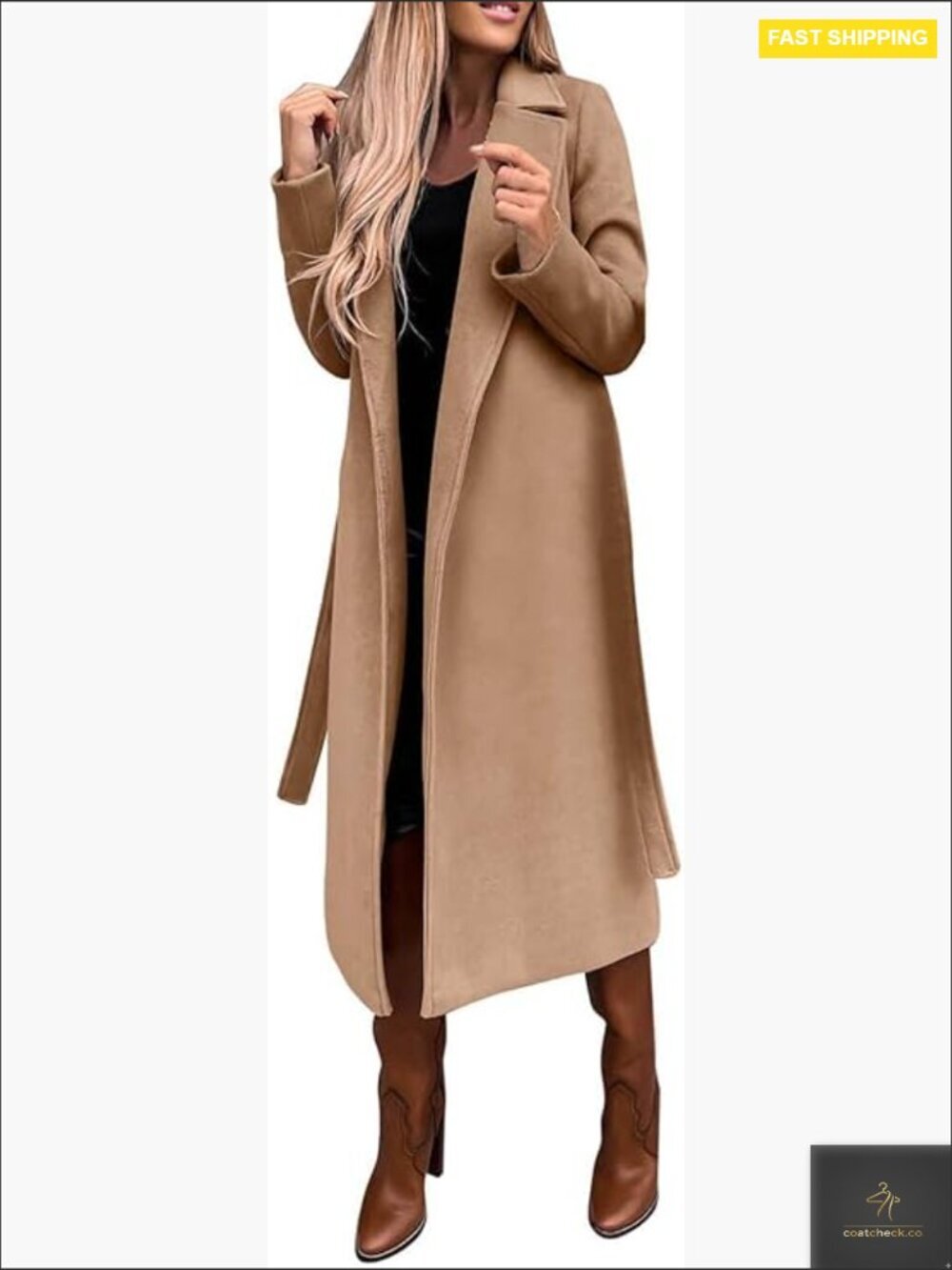 Long Wool Pea Coat Notched Collar Open Front Belted Trench Classic Elegant